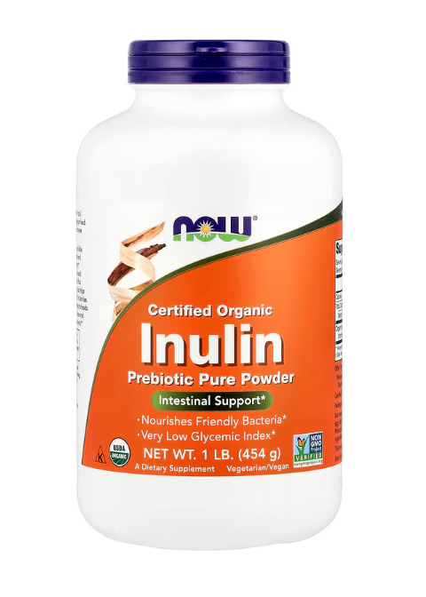 תמונה קדמית של מוצר NOW Inulin – אינולין אורגני אבקה פרוביוטית לתמיכה במערכת העיכול (454 גרם)