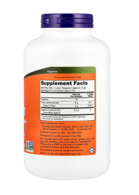 תמונה אחורית של מוצר NOW Inulin – טבלת ערכים תזונתיים ורכיבים תזונתיים