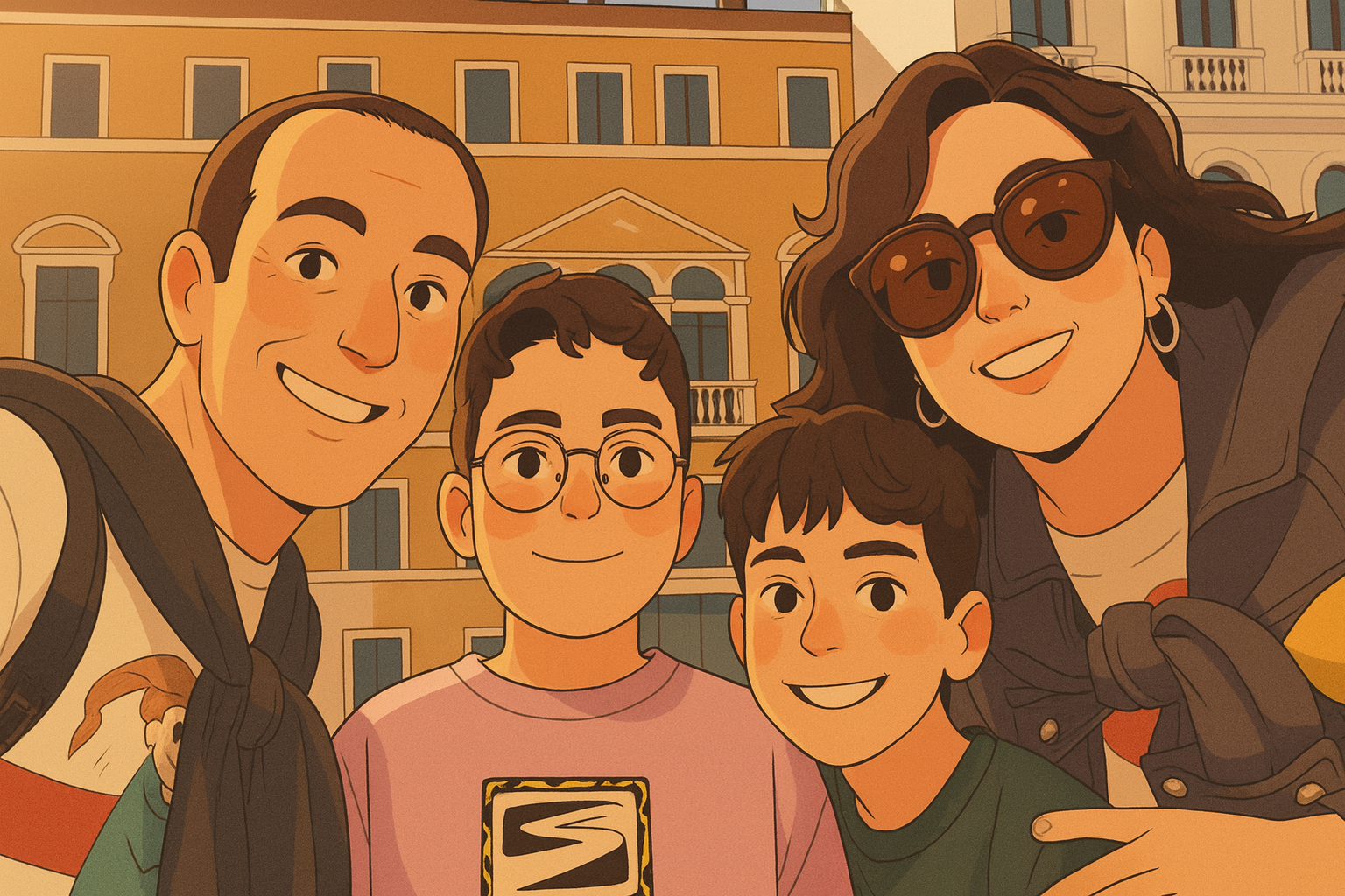 איור של משפחה מחייכת - זוג הורים עם שני ילדים ברקע עירוני